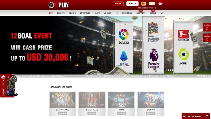 The homepage of the 12Play online gambling site
