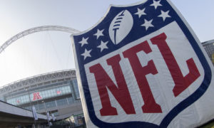04.10.2015. Wembley Stadium. London, England. NFL International Series. Miami Dolphins versus New York Jets. The NFL logo on display in front of the Wembley Stadium. (Photo by Roland Harrison/Actionplus/Icon Sportswire) ****NO AGENTS----NORTH AND SOUTH AMERICA SALES ONLY----NO AGENTS----NORTH AND SOUTH AMERICA SALES ONLY****
