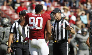 22 Oct 2016: Stanford DE Solomon Thomas (90) questions a call by the referees during the Pac-12 game between the Buffaloes and Cardinals at Stanford Stadium, in Palo Alto, CA. Final score Colorado 10, Stanford 5. (Photo by Larry Placido/Icon Sportswire)