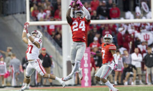 08 October 2016: safety Malik Hooker (24) of the Ohio State Buckeyes intercepts a pass during the game between the Indiana Hoosiers and the Ohio State Buckeyes at Ohio Stadium in Columbus, Ohio. (Photo by Khris Hale/Icon Sportswire)