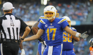 October 13, 2016 - San Diego, CA, USA - San Diego Chargers quarterback Philip Rivers argues a call in the first quarter against the Denver Broncos at Qualcomm Stadium in San Diego on Thursday, Oct. 13, 2016 (Photo by K.C. Alfred/Zuma Press/Icon Sportswire)