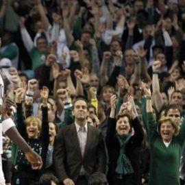 Boston Celtics Kevin Garnett celebrates during the final seconds of the fourth quarter of Game 6 of their NBA Eastern Conference playoff basketball series against the Atlanta Hawks in Boston