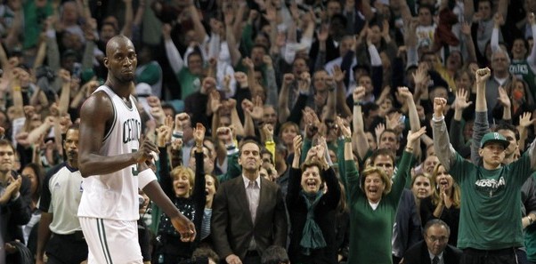 Boston Celtics Kevin Garnett celebrates during the final seconds of the fourth quarter of Game 6 of their NBA Eastern Conference playoff basketball series against the Atlanta Hawks in Boston