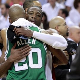 Miami Heat's Wade hugs Boston Celtics' Allen after the Heat defeated the Celtics in Game 7 of their Eastern Conference Finals NBA basketball playoffs in Miami