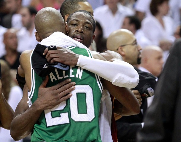 Miami Heat's Wade hugs Boston Celtics' Allen after the Heat defeated the Celtics in Game 7 of their Eastern Conference Finals NBA basketball playoffs in Miami