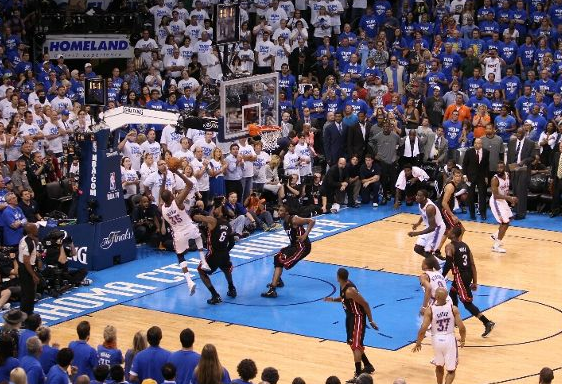 Kevin Durant gets fouled by LeBron