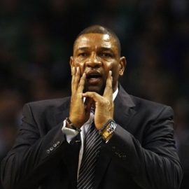 Boston Celtics head coach Glenn "Doc" Rivers reacts to a call against one of his players in the second half of their NBA basketball game against the Orlando Magic at TD Garden in Boston