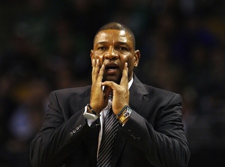 Boston Celtics head coach Glenn "Doc" Rivers reacts to a call against one of his players in the second half of their NBA basketball game against the Orlando Magic at TD Garden in Boston