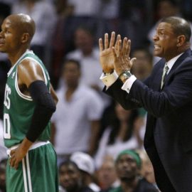 Boston Celtics' Rivers yells instructions from the sidelines as Allen looks on in the second quarter during Game 7 of their Eastern Conference Finals NBA basketball playoffs in Miami