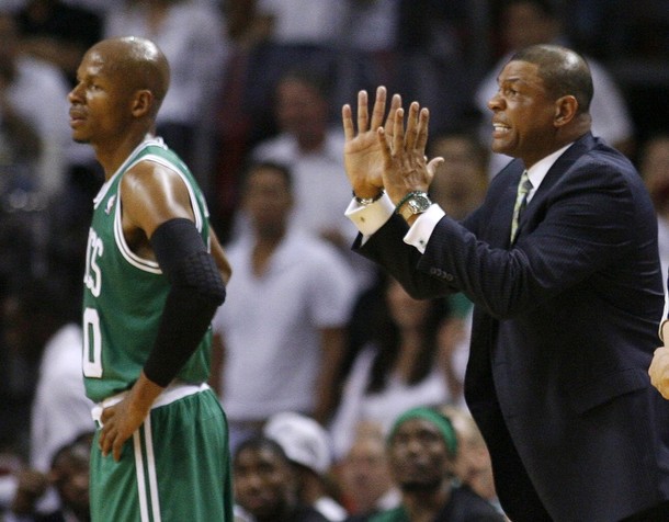 Boston Celtics' Rivers yells instructions from the sidelines as Allen looks on in the second quarter during Game 7 of their Eastern Conference Finals NBA basketball playoffs in Miami