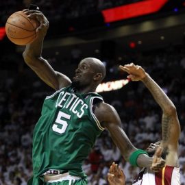 Celtics' Garnett fights for a rebound with Heat's Haslem in the fourth quarter during Game 7 of their Eastern Conference Finals NBA basketball playoffs in Miami