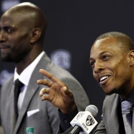 Newly acquired Net's NBA players attend a news conference introducing them to the media in Brooklyn