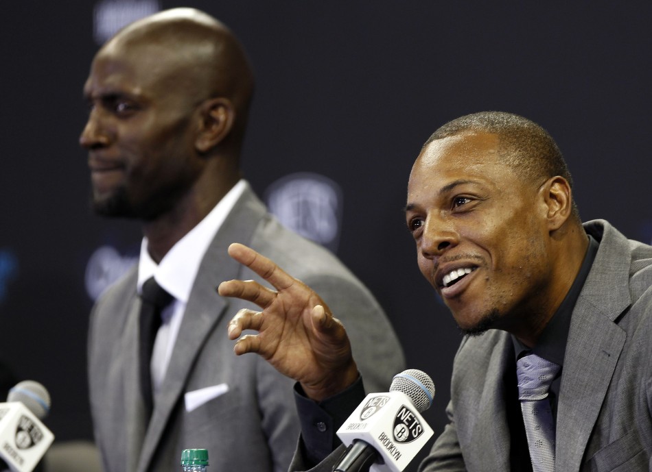 Newly acquired Net's NBA players attend a news conference introducing them to the media in Brooklyn