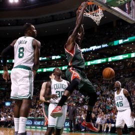 Nov 1, 2013; Boston, MA, USA; Milwaukee Bucks center Larry Sanders (8) dunks the ball against the Boston Celtics during the first half at TD Garden. Mandatory Credit: Mark L. Baer-USA TODAY Sports