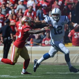 Luck Stiff arm 49ers Kyle Terada-USA TODAY
      Sports