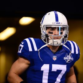 Jan 4, 2014; Indianapolis, IN, USA; Indianapolis Colts wide receiver Griff Whalen (17) during the 2013 AFC wild card playoff football game against the Kansas City Chiefs at Lucas Oil Stadium. Mandatory Credit: Andrew Weber-USA TODAY Sports