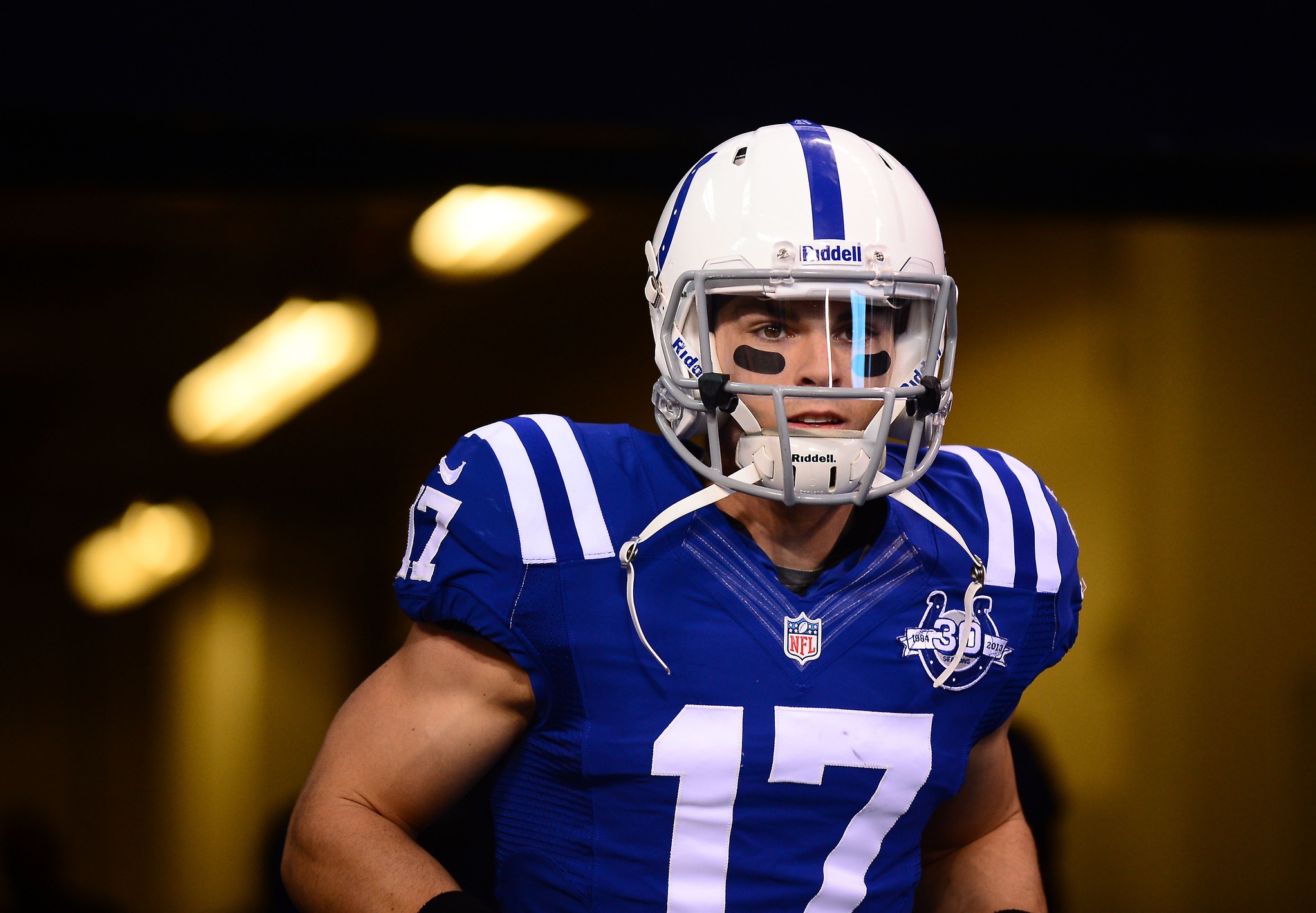 Jan 4, 2014; Indianapolis, IN, USA; Indianapolis Colts wide receiver Griff Whalen (17) during the 2013 AFC wild card playoff football game against the Kansas City Chiefs at Lucas Oil Stadium. Mandatory Credit: Andrew Weber-USA TODAY Sports