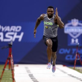 Feb 25, 2014; Indianapolis, IN, USA; Florida State Seminoles defensive back Terrence Brooks runs the 40 yard dash during the 2014 NFL Combine at Lucas Oil Stadium. Mandatory Credit: Brian Spurlock-USA TODAY Sports