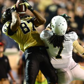 Sep 28, 2013; Nashville, TN, USA; Vanderbilt Commodores wide receiver Jordan Matthews (87) catches a touchdown pass against Alabama-Birmingham Blazers cornerback Jimmy Jean (7) during the second half at Vanderbilt Stadium. The Commodores beat the Blazers 52-24. Mandatory Credit: Don McPeak-USA TODAY Sports