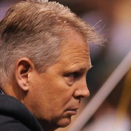 (Boston, MA) Boston Celtics president Danny Ainge watches the action as the Boston Celtics take on the Atlanta Hawks during game three of the NBA Eastern Conference quarterfinals at the TD Garden on Friday, May 04, 2012. Staff photo by Christopher Evans