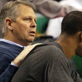 12-30-11: Boston, MA: Before the game, Celtics president Danny Ainge has his hand on the shoulder of Avery Bradley, as he had a talk with the Boston guard who just lost his backup shooting guard position to rookie E'Twaun Moore (not pictured). The Boston Celtics hosted the Detroit Pistons in an NBA regular season game at the TD Garden, the team's home opener (Globe Staff Photo/Jim Davis) section:sports topic:Celtics-Pistons