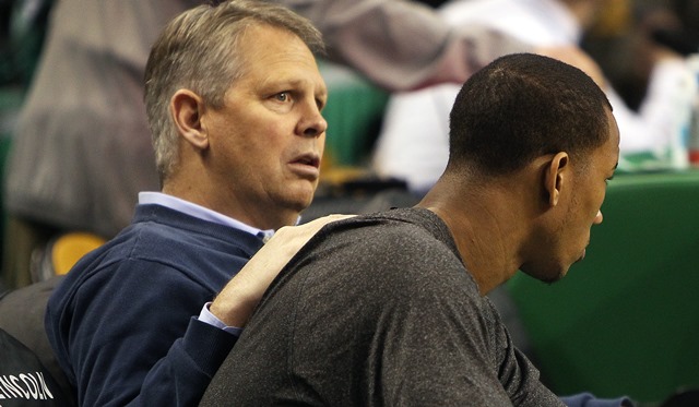 12-30-11: Boston, MA: Before the game, Celtics president Danny Ainge has his hand on the shoulder of Avery Bradley, as he had a talk with the Boston guard who just lost his backup shooting guard position to rookie E'Twaun Moore (not pictured). The Boston Celtics hosted the Detroit Pistons in an NBA regular season game at the TD Garden, the team's home opener (Globe Staff Photo/Jim Davis) section:sports topic:Celtics-Pistons