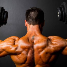 bodybuilder training with dumbbells