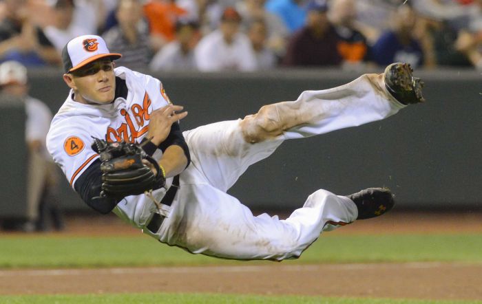 Baltimore Orioles third baseman Manny Machado makes a
      spectacular off balance throw to get New York Yankees batter
      Alfonso Soriano at first base during the ninth inning of
      their MLB American League baseball game in Baltimore