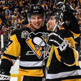 Sidney Crosby and Conor Sheary celebrate a goal together
