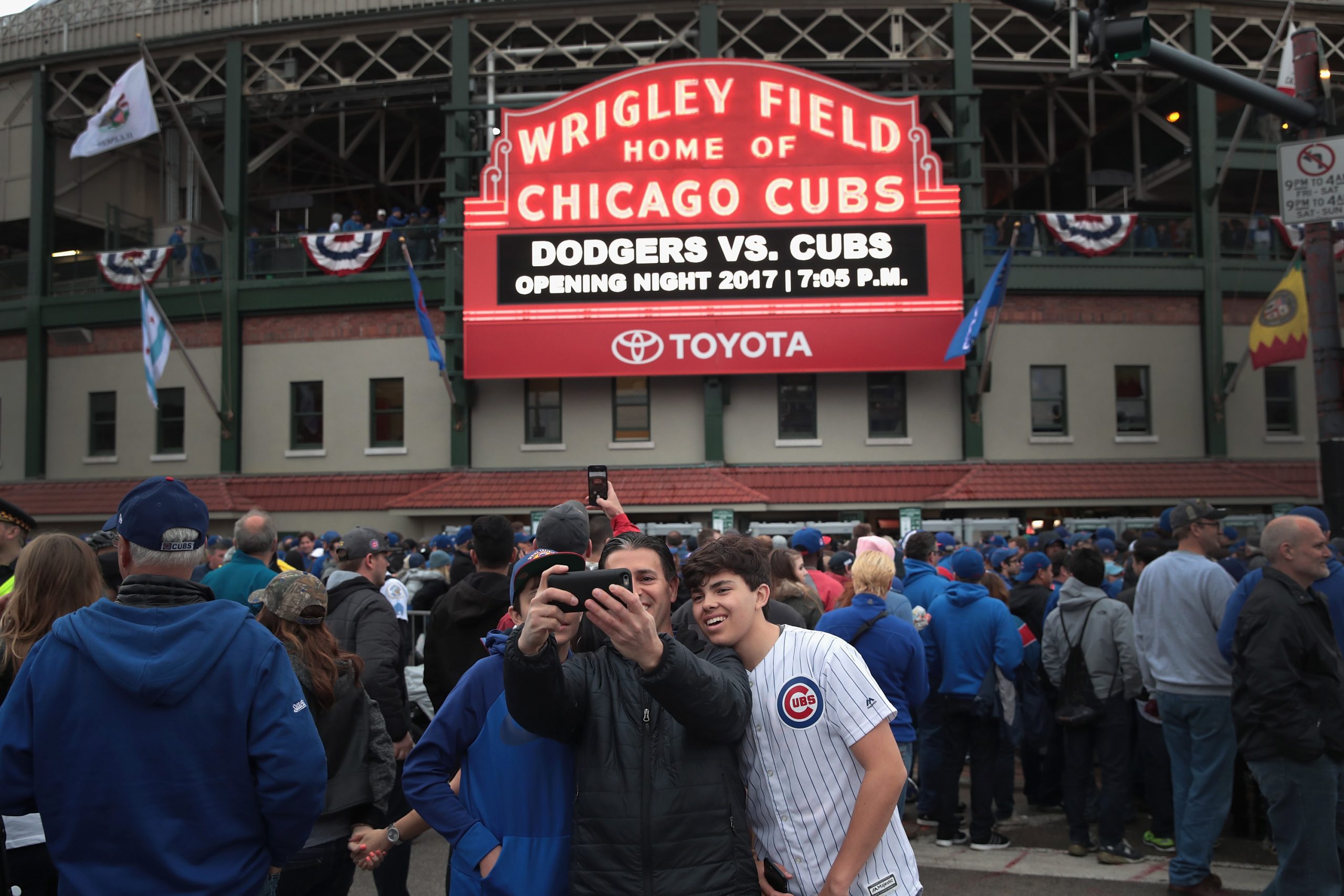 Fans Gather For MLB Champion Chicago Cubs Opening Day At Wrigley Field