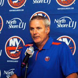BETHPAGE, NY - SEPTEMBER 09: General Manager of the New York Islanders Garth Snow addresses the media during a press conference naming John Tavares the New York Islanders team captain at Carlyle on the Green on September 9, 2013 in Bethpage, New York. (Photo by Andy Marlin/Getty Images)
