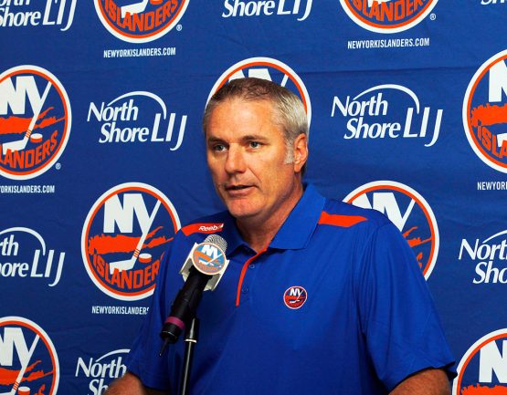 BETHPAGE, NY - SEPTEMBER 09: General Manager of the New York Islanders Garth Snow addresses the media during a press conference naming John Tavares the New York Islanders team captain at Carlyle on the Green on September 9, 2013 in Bethpage, New York. (Photo by Andy Marlin/Getty Images)