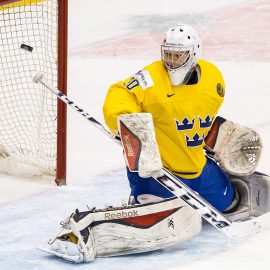 TORONTO, ON - JANUARY 05: Goaltender Linus Soderstrom #30 of Sweden deflects the puck on a shot from Slovakia during the Bronze medal game of the 2015 IIHF World Junior Championship on January 05, 2015 at the Air Canada Centre in Toronto, Ontario, Canada. (Photo by Dennis Pajot/Getty Images)