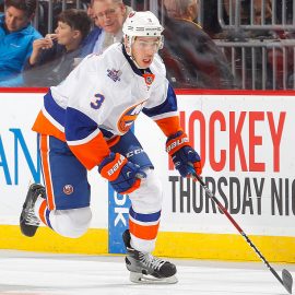NEWARK, NJ - FEBRUARY 19: Travis Hamonic #3 of the New York Islanders in action against the New Jersey Devils at the Prudential Center on February 19, 2016 in Newark, New Jersey. The Islanders defeated the Devils 1-0. (Photo by Jim McIsaac/Getty Images)