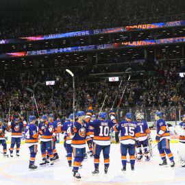 NEW YORK, NY - APRIL 09: The New York Islanders salute the fans following a 4-2 victory over the Ottawa Senators at the Barclays Center on April 9, 2017 in the Brooklyn borough of New York City. (Photo by Bruce Bennett/Getty Images)