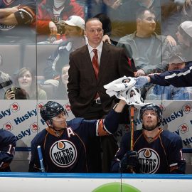 EDMONTON, CANADA - MARCH 5: Assistant coach Kelly Buchberger, Shawn Horcoff #10, Robert Nilsson #12 and Andrew Cogliano #12 of the Edmonton Oilers rest on the bench against the Minnesota Wild on March 5, 2010 at Rexall Place in Edmonton, Alberta, Canada. (Photo by Dale MacMillan/Getty Images)