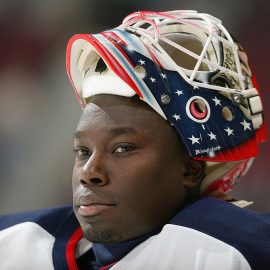 VANCOUVER - MARCH 21: Goaltender Fred Brathwaite #30 of the Columbus Blue Jackets warms up for the game against the Vancouver Canucks at General Motors Place on March 21, 2004 in Vancouver, Canada. The Blue Jackets defeated the Canucks 5-4. (Photo by Jeff Vinnick/Getty Images)