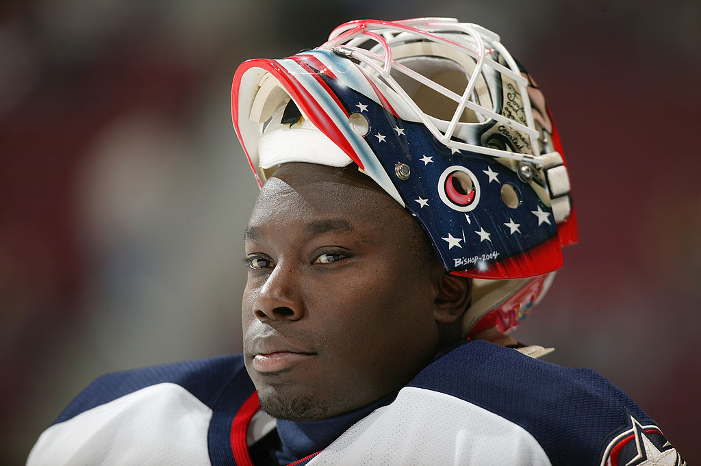 VANCOUVER - MARCH 21: Goaltender Fred Brathwaite #30 of the Columbus Blue Jackets warms up for the game against the Vancouver Canucks at General Motors Place on March 21, 2004 in Vancouver, Canada. The Blue Jackets defeated the Canucks 5-4. (Photo by Jeff Vinnick/Getty Images)