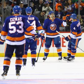 NEW YORK, NY - OCTOBER 30: Nikolay Kulemin #86 of the New York Islanders (3rd from left) celebrates his third period goal against the Vegas Golden Knights at the Barclays Center on October 30, 2017 in the Brooklyn borough of New York City. (Photo by Bruce Bennett/Getty Images