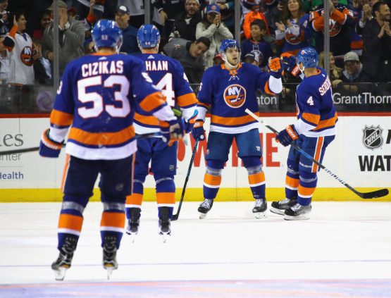 NEW YORK, NY - OCTOBER 30: Nikolay Kulemin #86 of the New York Islanders (3rd from left) celebrates his third period goal against the Vegas Golden Knights at the Barclays Center on October 30, 2017 in the Brooklyn borough of New York City. (Photo by Bruce Bennett/Getty Images