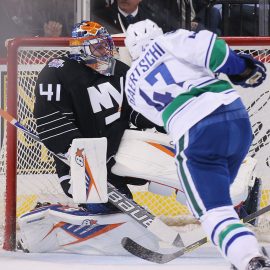 NEW YORK, NY - JANUARY 17: Jaroslav Halak #41 of the New York Islanders makes the second period save on Sven Baertschi #47 of the Vancouver Canucks at the Barclays Center on January 17, 2016 in the Brooklyn borough of New York City. (Photo by Bruce Bennett/Getty Images)