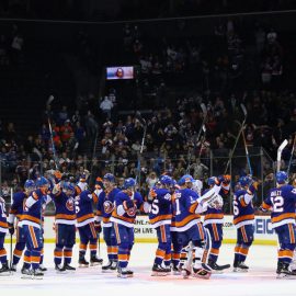 NEW YORK, NY - OCTOBER 30: The New York Islanders celebrate a 6-3 victory over the Vegas Golden Knights at the Barclays Center on October 30, 2017 in the Brooklyn borough of New York City. (Photo by Bruce Bennett/Getty Images)