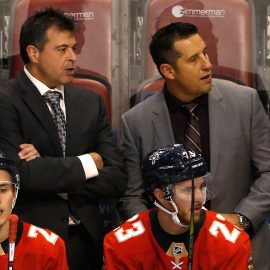 Sep 28, 2017; Sunrise, FL, USA; Florida Panthers head coach Bob Boughner (right) and assistant coach Jack Capuano (left) during the second period of a game against the Tampa Bay Lightning at BB&T Center. Mandatory Credit: Robert Mayer-USA TODAY Sports