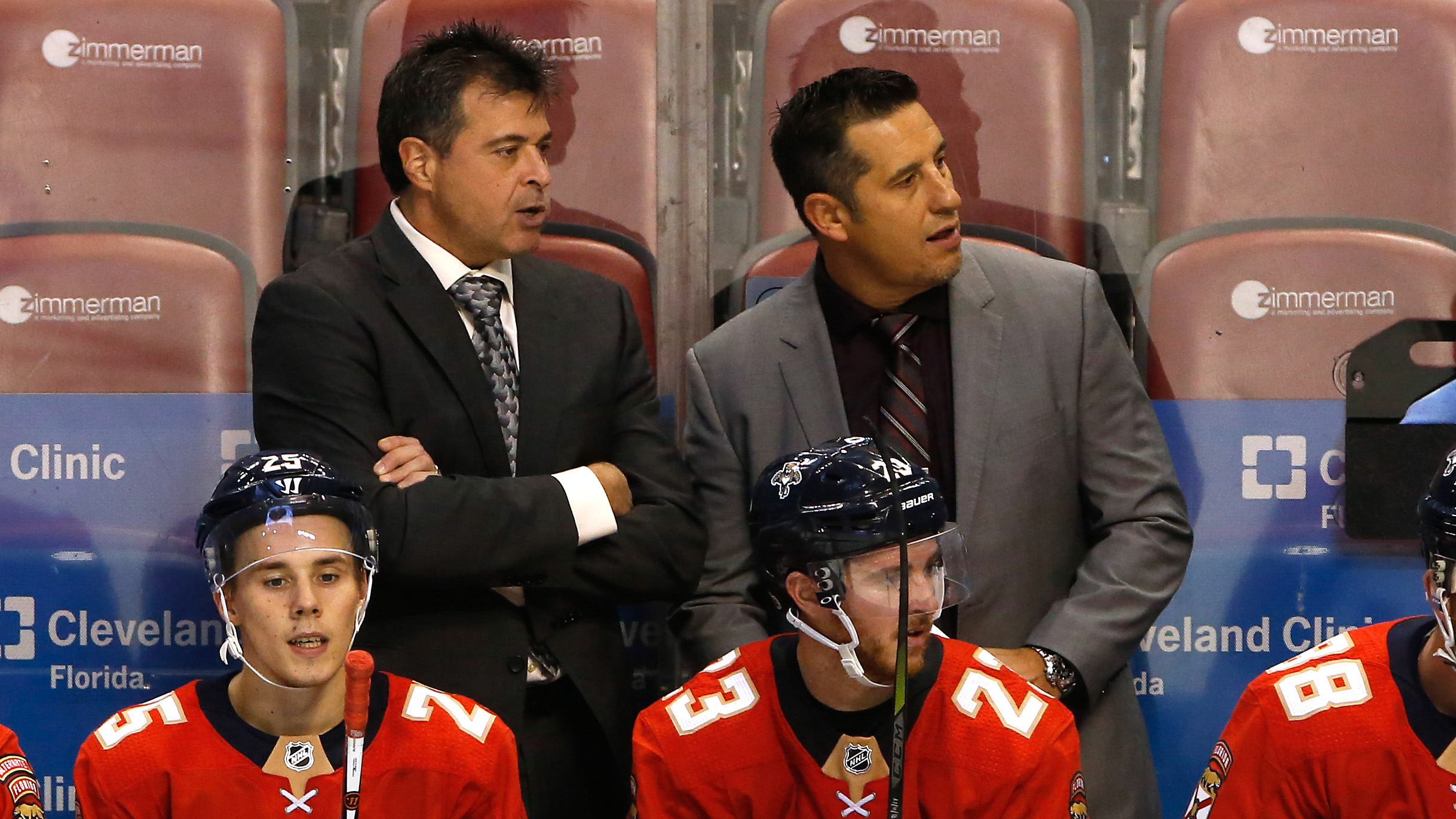 Sep 28, 2017; Sunrise, FL, USA; Florida Panthers head coach Bob Boughner (right) and assistant coach Jack Capuano (left) during the second period of a game against the Tampa Bay Lightning at BB&T Center. Mandatory Credit: Robert Mayer-USA TODAY Sports