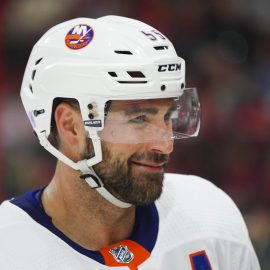 Nov 19, 2017; Raleigh, NC, USA; New York Islanders defensemen Johnny Boychuk (55) smiles during the game against the Carolina Hurricanes at PNC Arena. The Carolina Hurricanes defeated the New York Islanders 4-2. Mandatory Credit: James Guillory-USA TODAY Sports