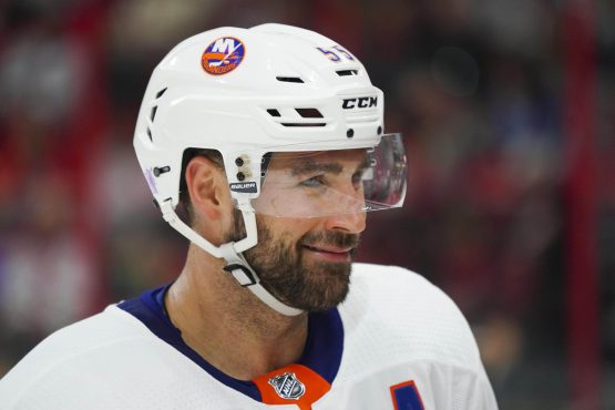 Nov 19, 2017; Raleigh, NC, USA; New York Islanders defensemen Johnny Boychuk (55) smiles during the game against the Carolina Hurricanes at PNC Arena. The Carolina Hurricanes defeated the New York Islanders 4-2. Mandatory Credit: James Guillory-USA TODAY Sports