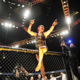 cris cyborg celebrates victory over holly holm at ufc 219