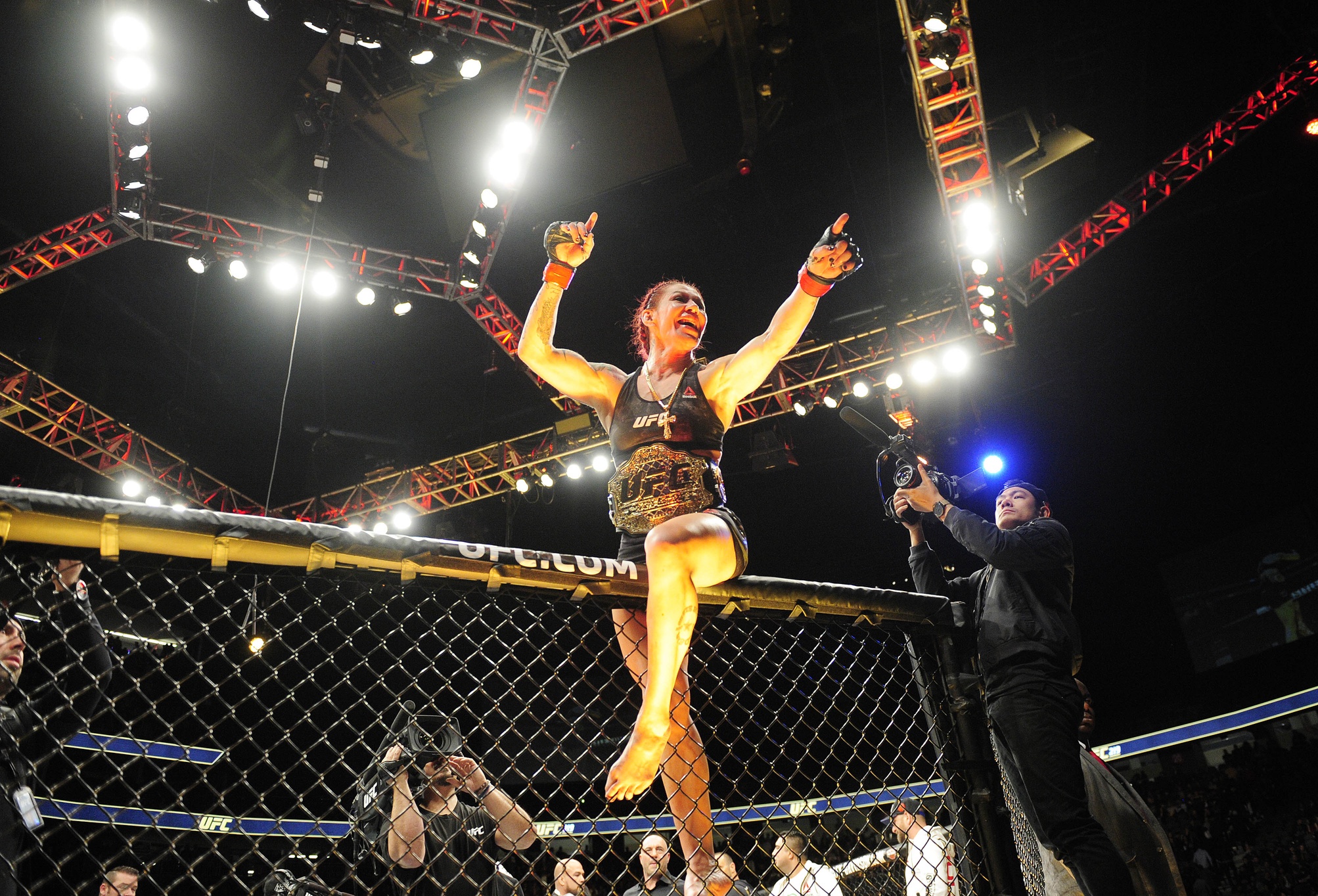 cris cyborg celebrates victory over holly holm at ufc 219