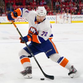 Nov 19, 2017; Raleigh, NC, USA; New York Islanders forward Anthony Beauvillier (72) skates with the puck against the Carolina Hurricanes at PNC Arena. The Carolina Hurricanes defeated the New York Islanders 4-2. Mandatory Credit: James Guillory-USA TODAY Sports