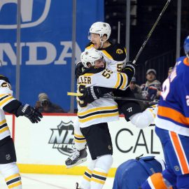 Jan 2, 2018; Brooklyn, NY, USA; Boston Bruins left wing Tim Schaller (59) celebrates his goal against the New York Islanders with Boston Bruins center Sean Kuraly (52) during the third period at Barclays Center. Mandatory Credit: Brad Penner-USA TODAY Sports
